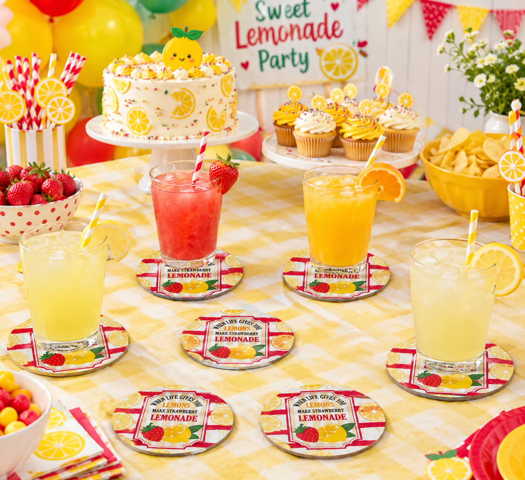 "When Life Gives You Lemons Make Strawberry Lemonade" Quote Print | Lightweight, Water-Resistant, Heavy-Duty Polypropylene Drink Mat for Home Bar, Kitchen, Desk & Outdoor Tables