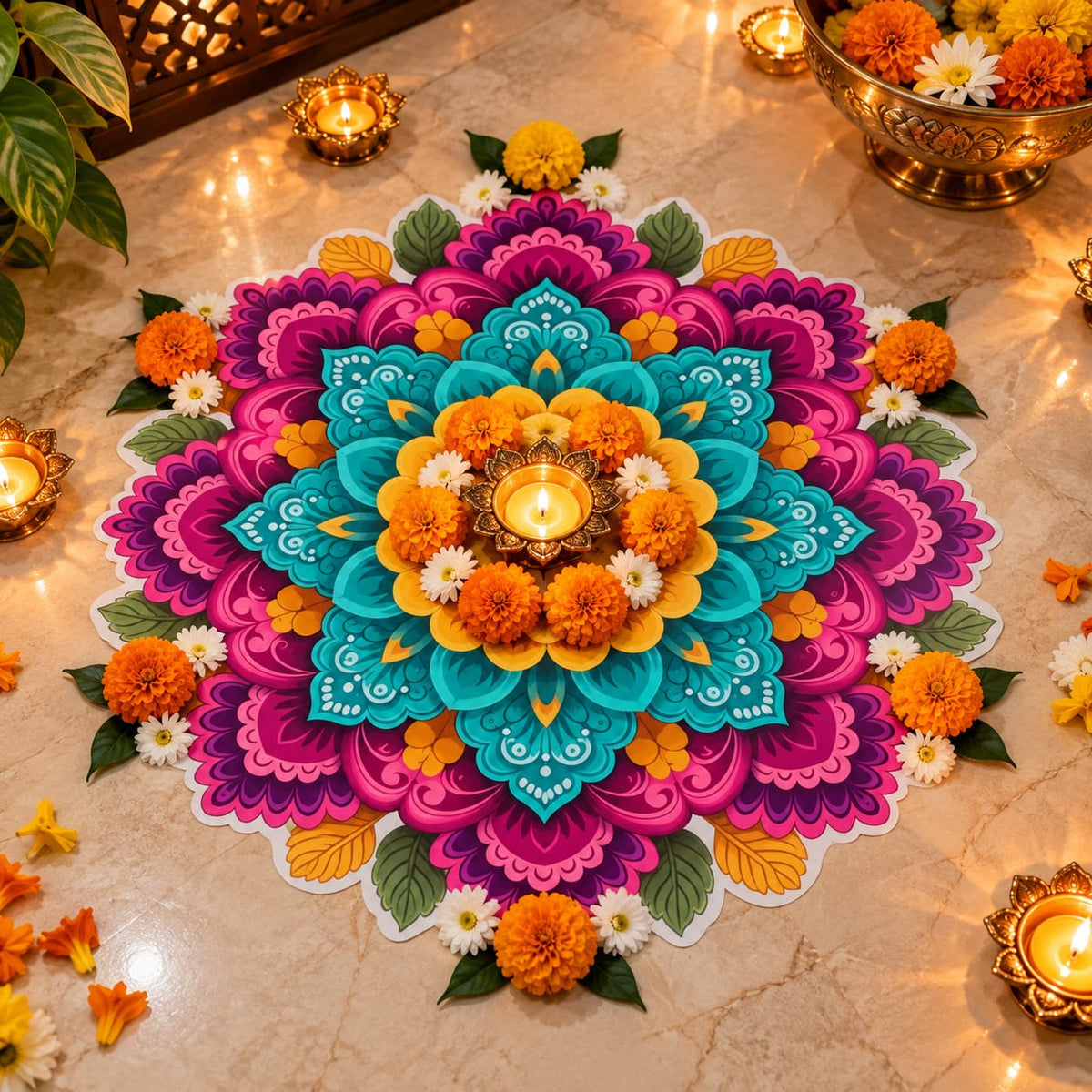 Bubble Guard Sheet Rangoli Mat for Diwali Decoration | Colorful flower & Diya Mandala Floor Rangoli | Reusable Festive Floor Decor for Home, Entrance, Pooja Room & Festival Celebrations