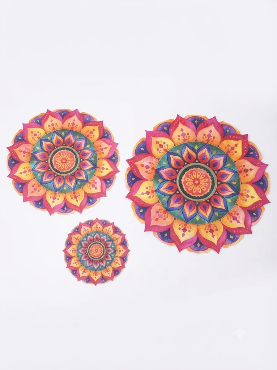 Floral Pink & Orange Rangoli Mat on Durable Bubble Guard Sheet – Reusable Festival Floor Decor