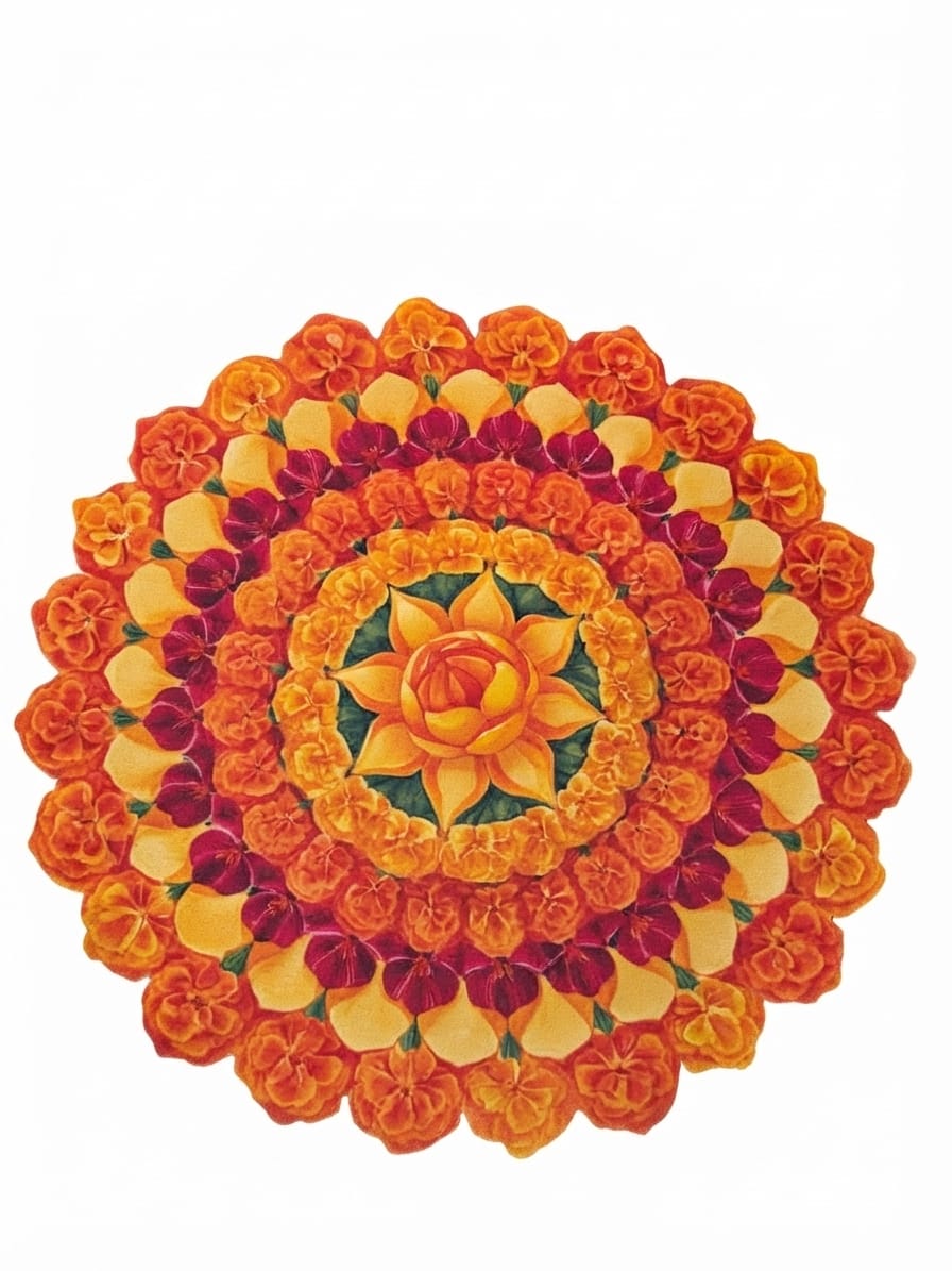 Flower Vibrant Marigold Flower Rangoli Mat for Home Decor | Waterproof Bubble Guard Cutout for Festive Celebration