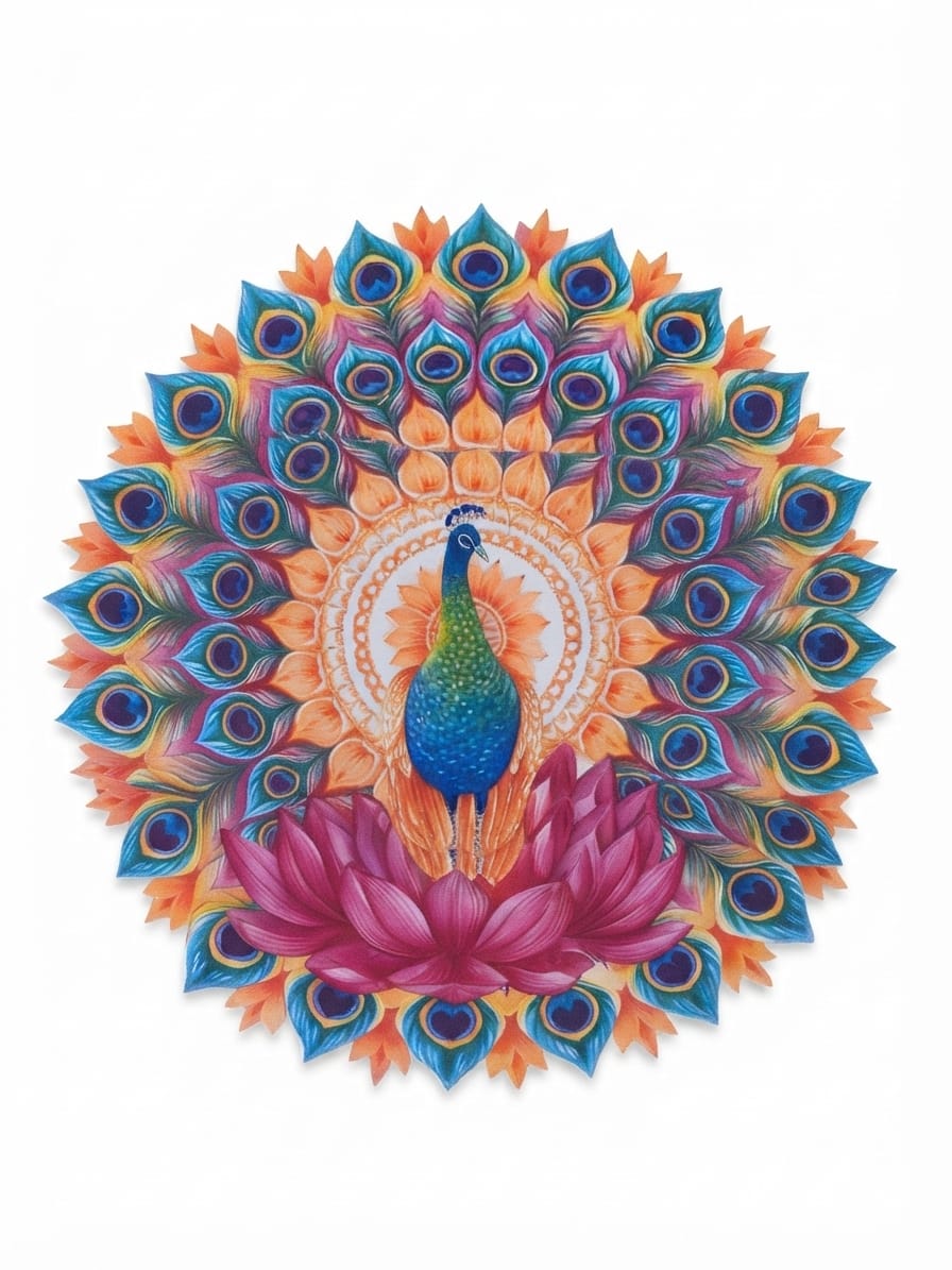 Blue Peacock Feather & Lotus Rangoli Bubble Guard Sheet Mat | Reusable Festival & Diwali Floor Decoration /Diwali & Puja Decorative Peacock Mandala Rangoli Sheet | Reusable Plastic Bubble Guard Cutout