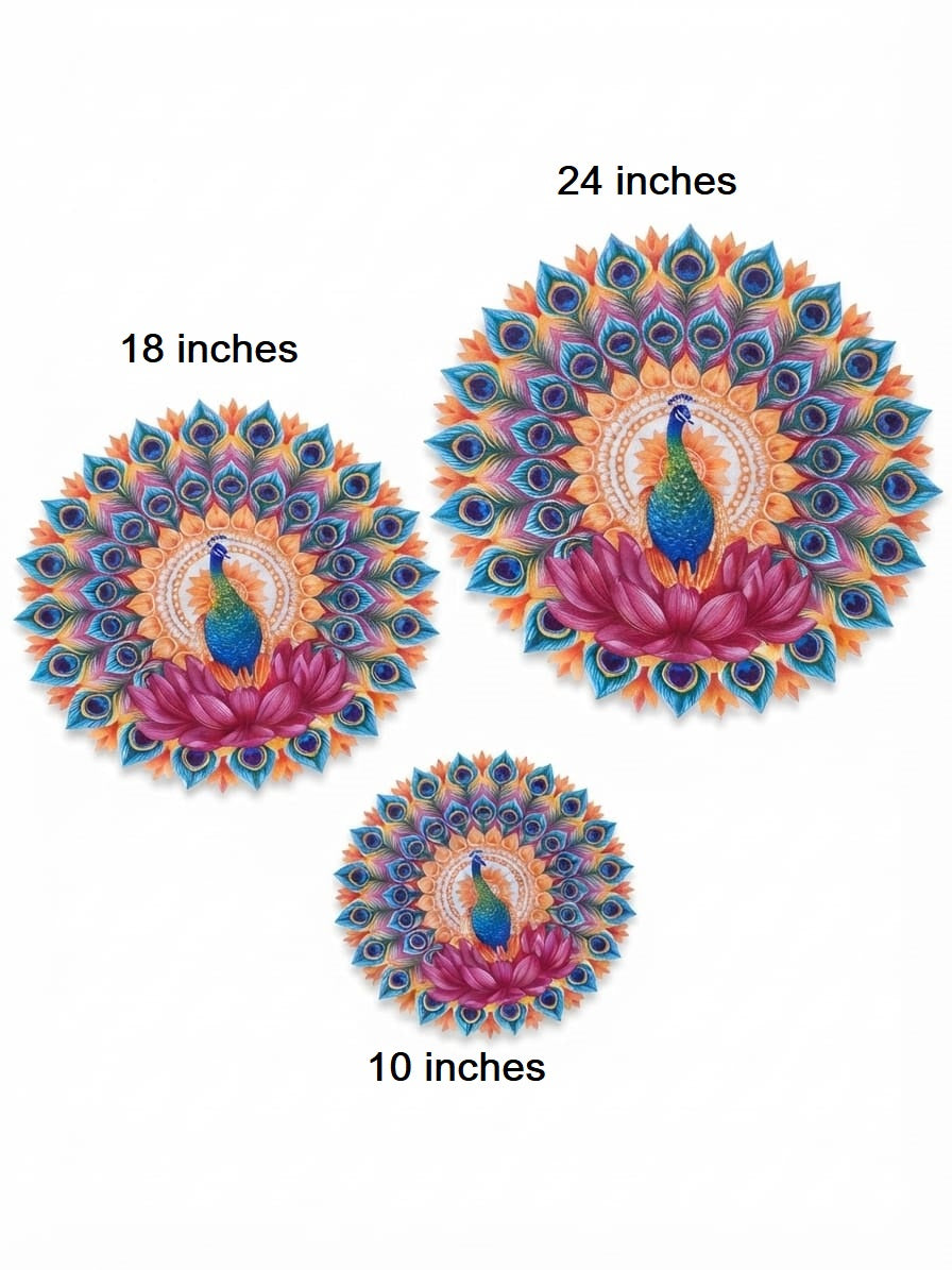 Blue Peacock Feather & Lotus Rangoli Bubble Guard Sheet Mat | Reusable Festival & Diwali Floor Decoration /Diwali & Puja Decorative Peacock Mandala Rangoli Sheet | Reusable Plastic Bubble Guard Cutout
