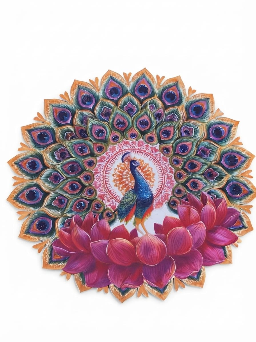 Bubble Guard Sheet Cutout  Round Peacock & Lotus Rangoli | Reusable Festival & Diwali Floor Decoration Mat /Vibrant Peacock Design Rangoli Mat for Home Decor | Waterproof Bubble Guard Cutout for Festive Celebrations