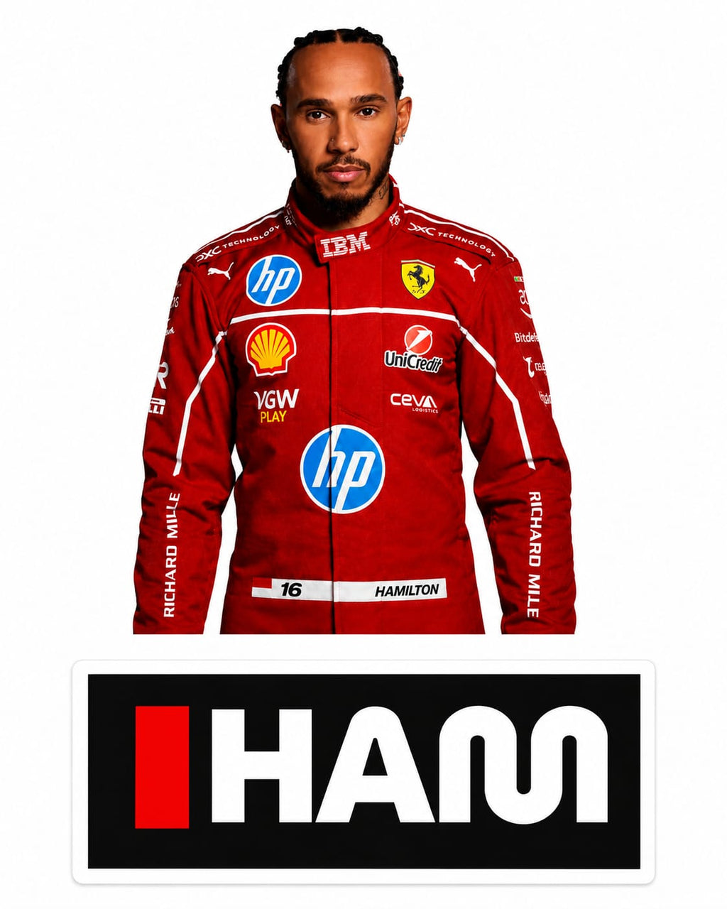 Lewis Hamilton Ferrari F1 Custom Cutout & "HAM" Logo Bubble Guard Sheet Standee – Premium Life-Size & Tabletop Display