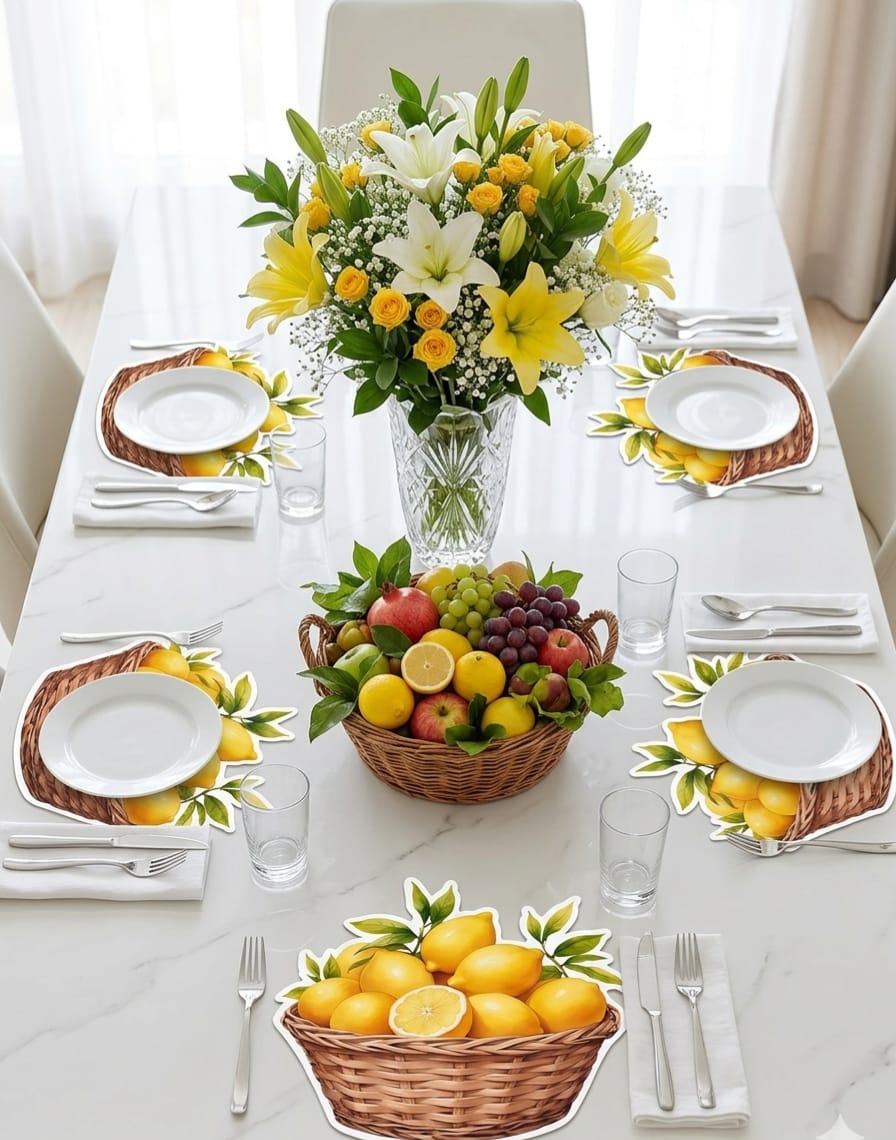 Lemon Basket Cutout Table Mat  | Waterproof Heat Resistant Dining Placemat | Lemon Garden Kitchen Table Decor