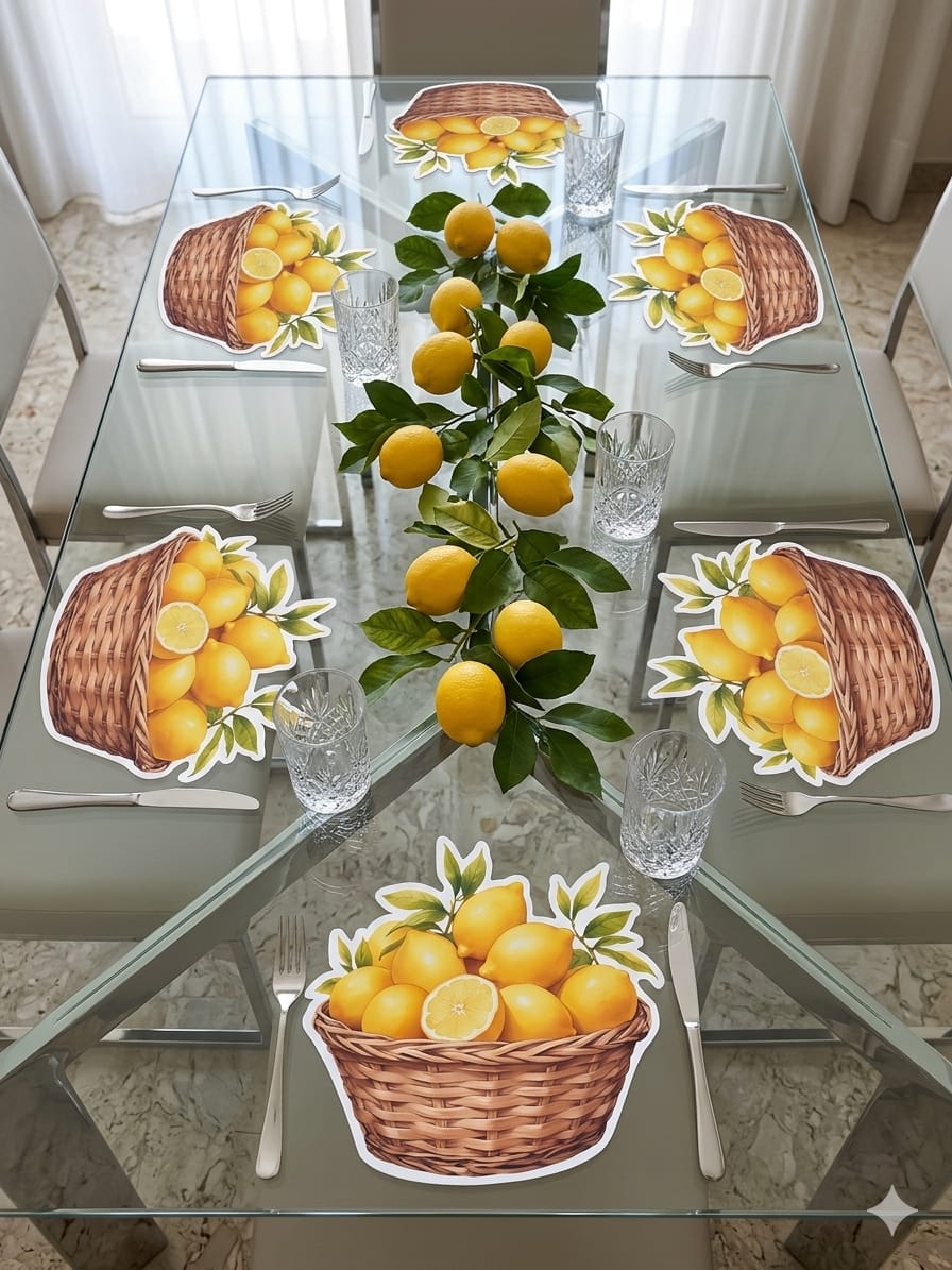 Lemon Basket Cutout Table Mat  | Waterproof Heat Resistant Dining Placemat | Lemon Garden Kitchen Table Decor