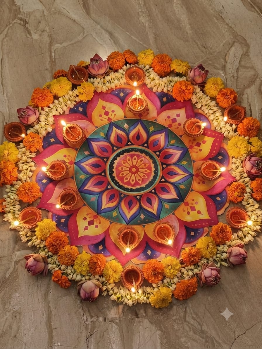Floral Pink & Orange Rangoli Mat on Durable Bubble Guard Sheet – Reusable Festival Floor Decor