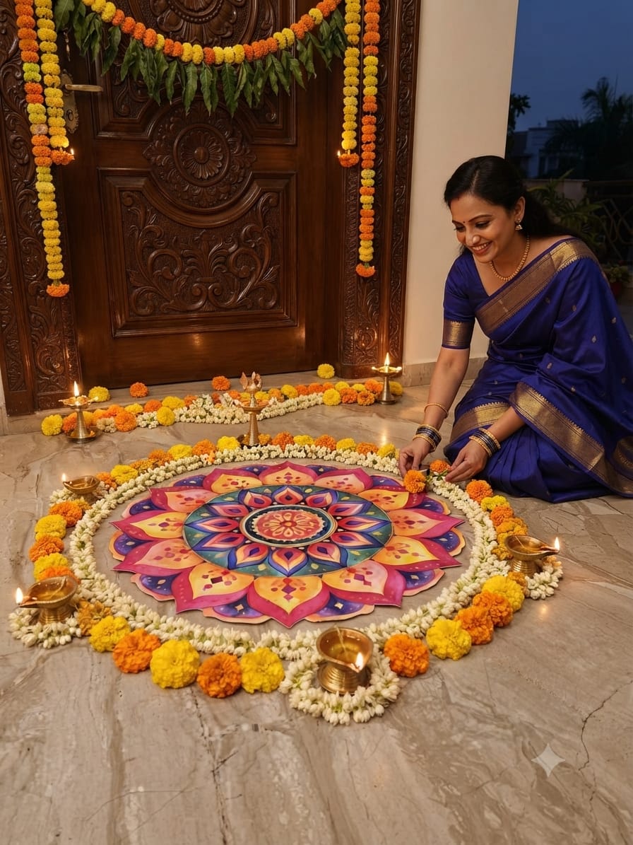 Floral Pink & Orange Rangoli Mat on Durable Bubble Guard Sheet – Reusable Festival Floor Decor