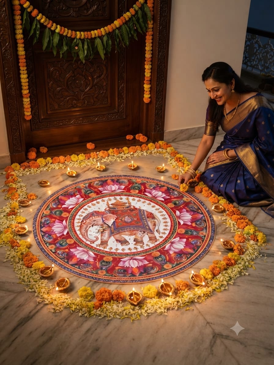 Elephant & Lotus Design Rangoli Mat | Waterproof Bubble Guard Sheet for Diwali & Festival Home Decor/Traditional Indian Elephant Motif Floor Decor Cutout – Heavy-Duty Bubble Guard Sheet for Pooja, Festival, and Entrance Decoration