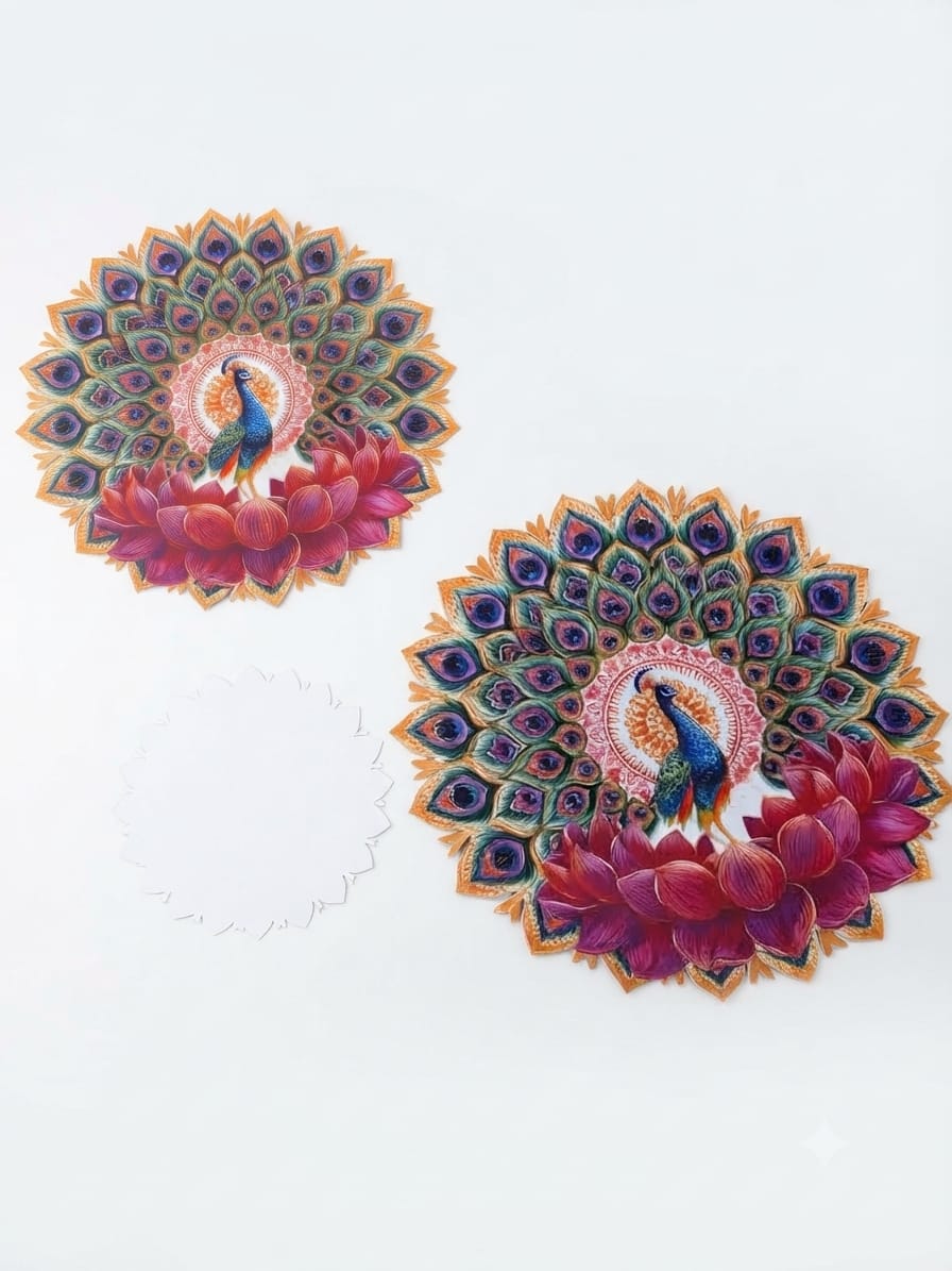 Bubble Guard Sheet Cutout  Round Peacock & Lotus Rangoli | Reusable Festival & Diwali Floor Decoration Mat /Vibrant Peacock Design Rangoli Mat for Home Decor | Waterproof Bubble Guard Cutout for Festive Celebrations