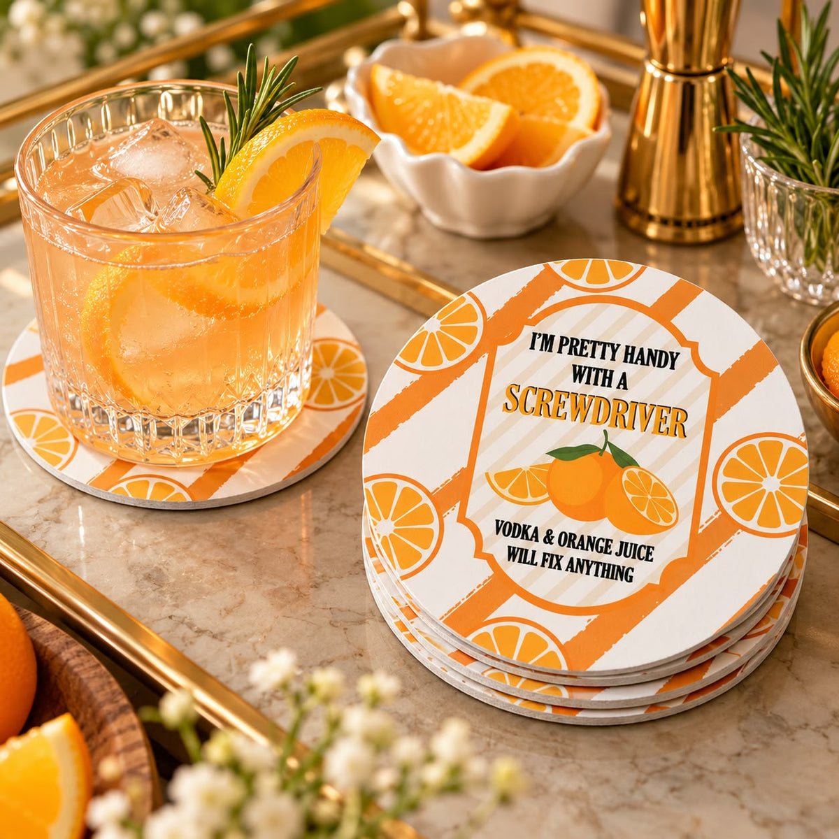 Pretty Handy With A Screwdriver" Funny Cocktail Drink Coaster | Durable, Waterproof, Lightweight Tabletop Protector for Home Bar, Kitchen, & Parties