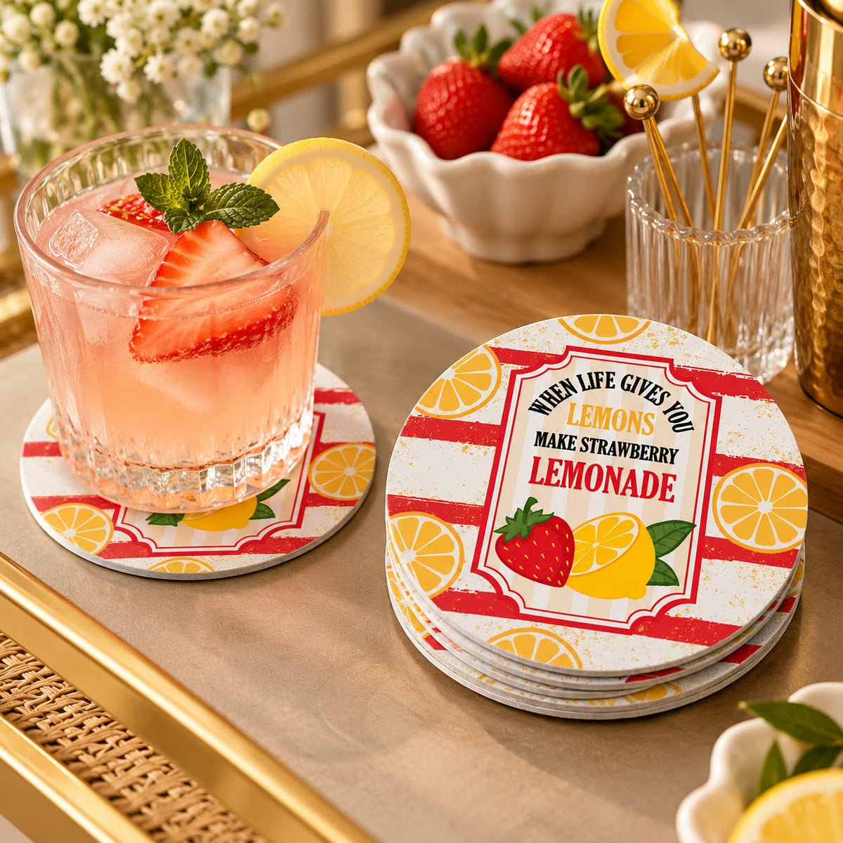 "When Life Gives You Lemons Make Strawberry Lemonade" Quote Print | Lightweight, Water-Resistant, Heavy-Duty Polypropylene Drink Mat for Home Bar, Kitchen, Desk & Outdoor Tables